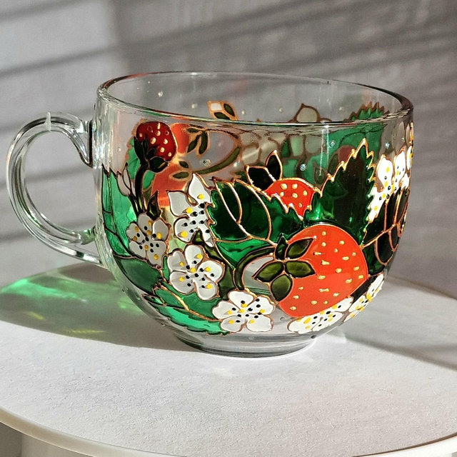 Hand painted Strawberry glass Big Coffee mug Personalized Tea cup Strawberry design Flower mug fruit mug Breakfast mug Nature lover gift