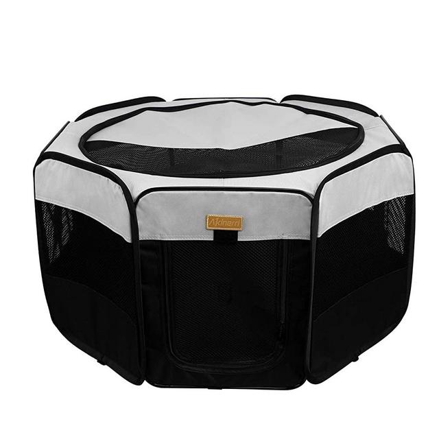 Akinerri Dog Playpen, Foldable Puppy Pet Exercise Kennel with Removable Mesh Shade Cover, Portable Pet Playpen for Pet’s Indoor or Outdoor Training