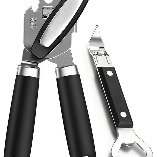 2PCS Can Opener Manual & Bottle Opener, Smooth Edge Manual Can Openers with Strong Magnet, Heavy Duty Stainless Steel Abrelatas Handheld Can Openers - Premium Kitchen Supplies (Black)