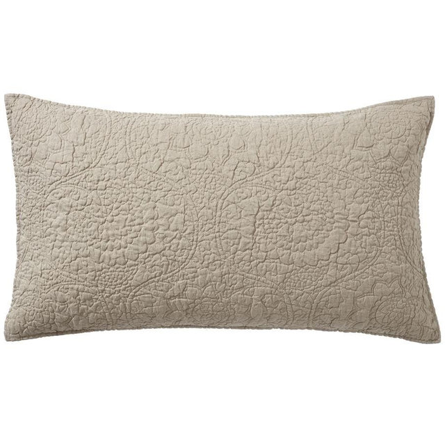 Dark Flax Belgian Flax Linen Floral Stitch Quilted Shams, King Set of 2