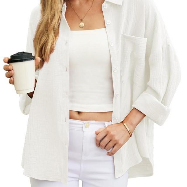 HWOKEFEIYU Womens Color Block Button Down Shirts Long Sleeve Oversized Boyfriend Blouses Tops