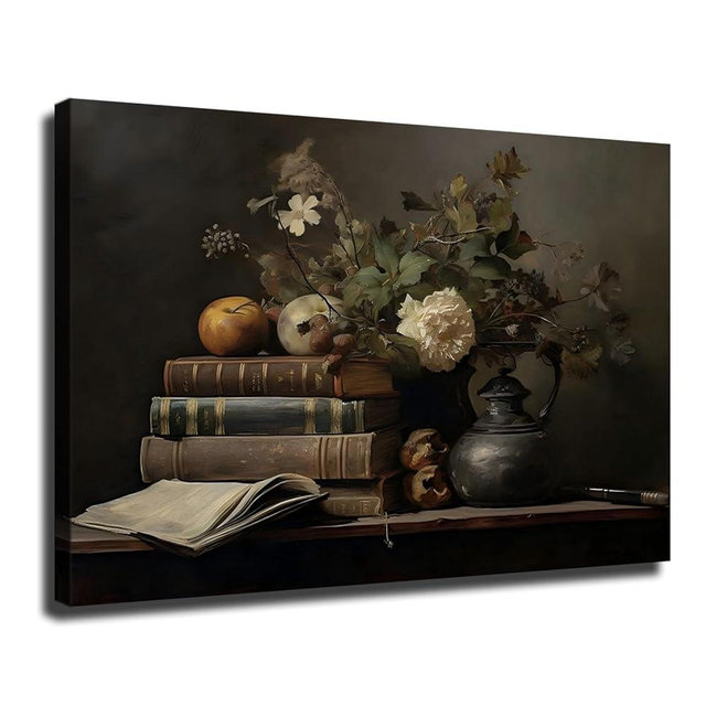 Books Flowers Still Life Dark Academia Wall Art Prints, Moody Wall Art, Dark Cottagecore Art, Vintage Aesthetic, Antique Wall Decor, Ready to Hang (Framed,28 * 40 inch)