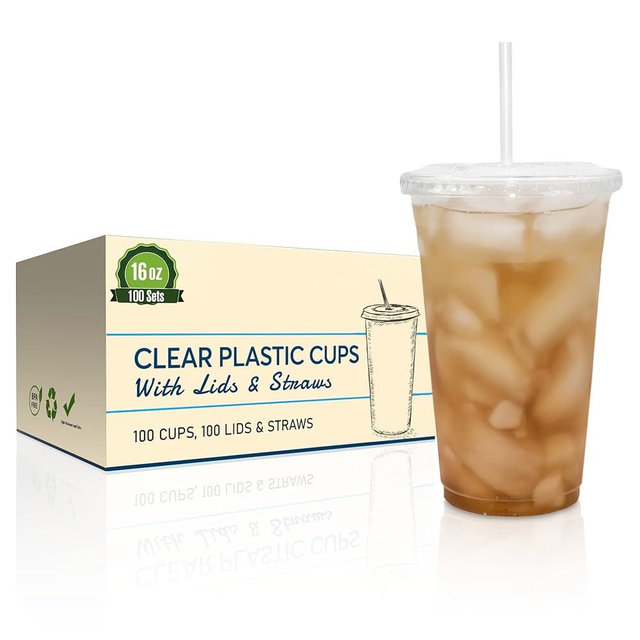 SafeWare Clear Disposable Plastic Cups 16oz with Flat Lids and Straws, Togo Disposable Iced Coffee Cups - Ideal for Party, Outdoor Picnic, BBQ, House Party, Restaurant Quality - 100 Sets