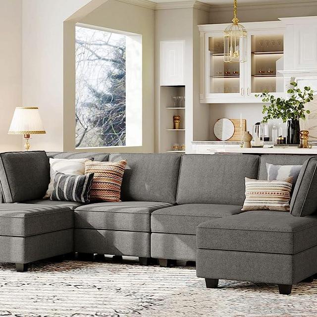 Belffin U Shaped Sofa Modular Couch Reversible Storage Ottoman 6 Seater Sofa Large Couches U Shape Couch Grey
