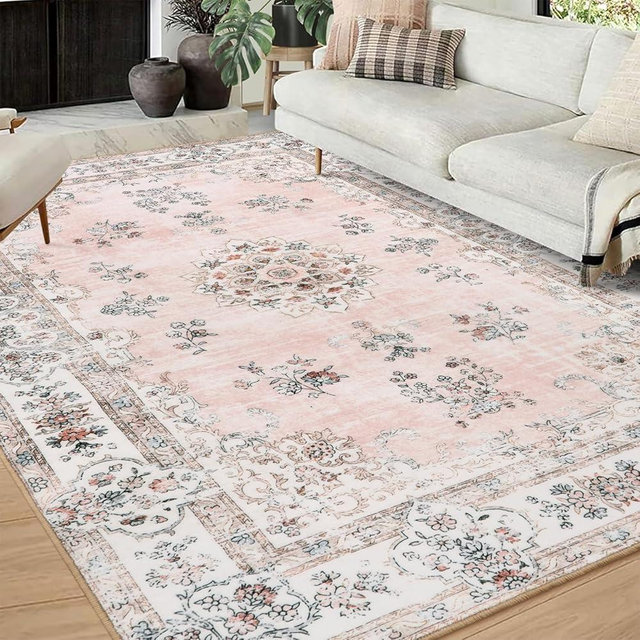 Lahome Washable Living Room Rug 8x10 Area Rugs for Bedroom Girls, Soft Pink Floral Carpet for Nursery Room Non Slip, Boho Large Mats for Indoor Floor Home Office Decor