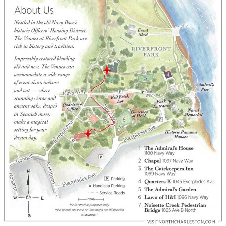 Map of the venue grounds. The red line leads from the Chapel to our reception at The Admiral's House.