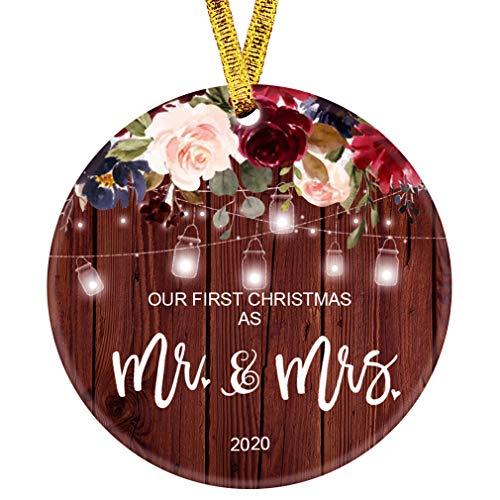 Kooer Our First Christmas as Mr & Mrs Ornament 2020 1st Year Married Newlyweds 3" Flat Circle Porcelain Ceramic Wedding Ornament (Mr & Mrs)