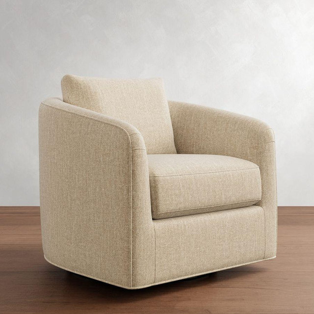 Remmy UPH Petite Swivel Armchair, PLY Wrapped Cushions, Performance Heathered Basketweave Oatmeal