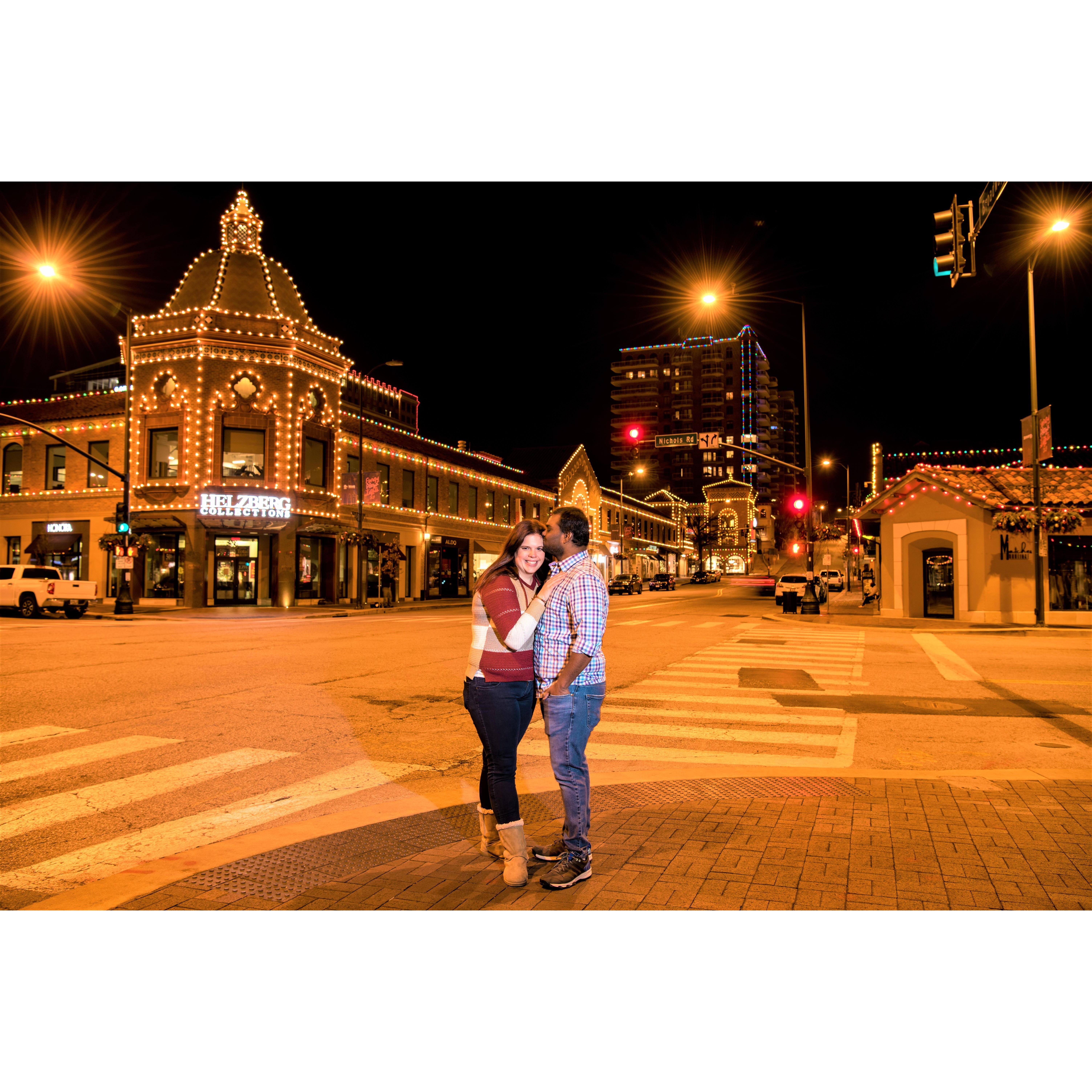 Engagement Photos at the Plaza with Christmas Lights. Photos by Vijay Ainapurapu.
