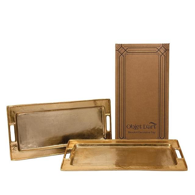 Decorative Gold Trays by Objet D’Art, Beaufort Rectangular Bar Tray for Living Room, Ottoman and Coffee Table, Set of 2 Trays for Candles, Liquor, and Centerpieces