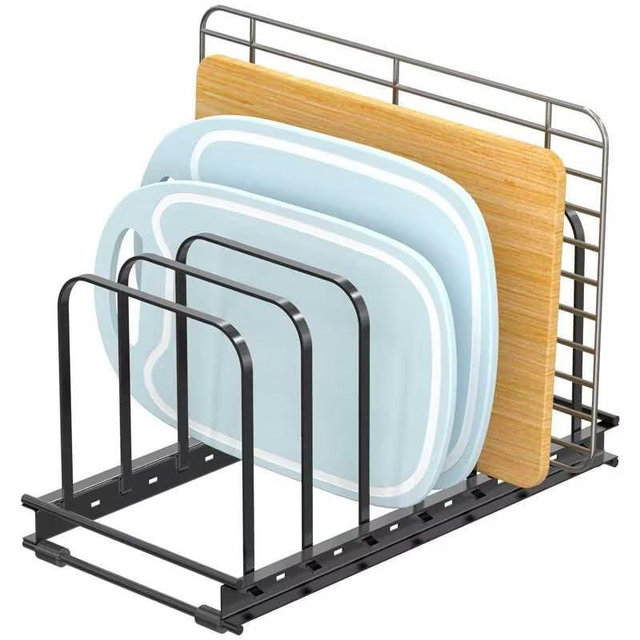 TEAMOLA Cutting Board Organizer, 1Pcs Metal Bakeware Organizer Rack Holder Adjustable 7 Slots kitchen Cabinet Storage Rack for Cookie Cooking Sheet, Pan, Pot, Lids, Molds Cookware, 11.02x 5.91x5.51