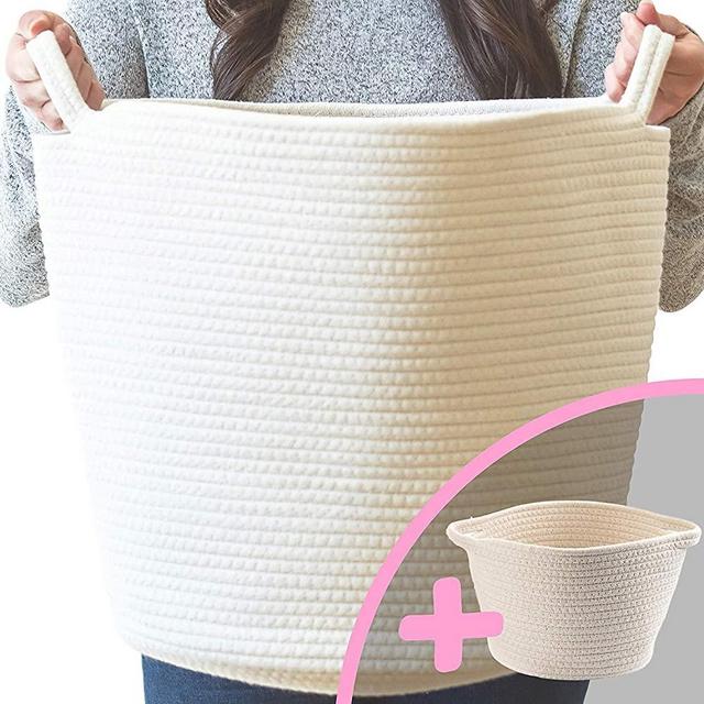 Little Hippo 2pc Large Cotton Rope Basket, White (16"x15") 100% Natural Cotton! Rope Basket, Woven Storage Basket, Large Basket, Blanket Basket Living Room, Toy Basket, Pillow Basket, Round Basket