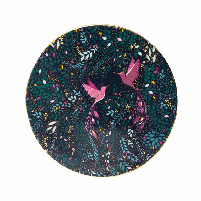 Sara Miller India Serving Plate - 9-Inch Fine China with 22-Carat Gold, Vibrant Blue Design Featuring Pink Hummingbirds