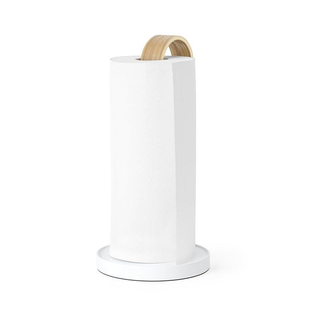 Umbra Bellwood Paper Towel Holder for Kitchen Countertop, with Real Wood Stand and Weighted Metal Base, White/Natural
