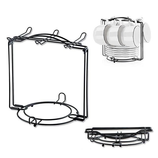 YOLIFE Tea Cups Display Stand, Tea Cups Rack, Can Hold Up 6 Cups, 6 Saucers, 6 Spoon, Can Be disassemble, Black Metal Rack
