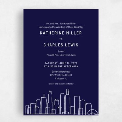Navy, Blue Wedding Invitation - Chicago Skyline