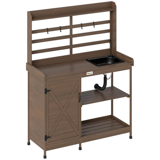 Outsunny Outdoor Wooden Potting Bench Table with Sink and Water Tap, Garden Workstation with Storage Cabinet, Storage Shelves for Backyard, Patio, Balcony, Dark Brown