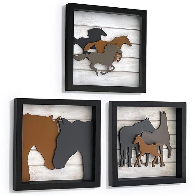 Horse Decor Horse Gifts for Women Set of 3 (7"x7") Horse Gifts for Girls Horse Gifts Horse Pictures Wall Decor Art Farmhouse Decor Western Decor Framed Horse Modern Farmhouse Decor Wall Art Farmhouse Bathroom Animal Decor Horse Wall Art Gifts For Horse Lovers - Rustic Lane