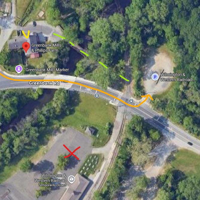 Please park in the designated spots marked P, where the orange line leads. DO NOT park in the red x. The dotted green line is the pedestrian bridge to venue.