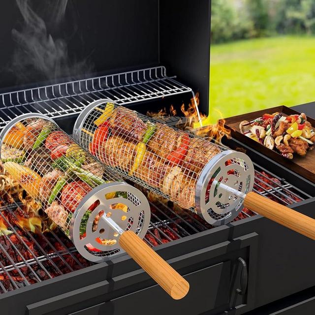 2 Pack Rolling Grill Basket with Hinged Locking Lid,304 Stainless Steel,Grill Baskets For Outdoor Grill,Vegetable Grill Basket,Perfect Grilling Gifts and Accessories,3.93"x12"inch