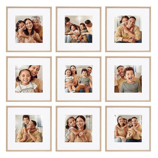 Camden Reed 9 Piece Gallery Wall Frame Set, matted frames feature an 8x8 Inch Photograph or Art Print, Light Natural Woodgrain Finish