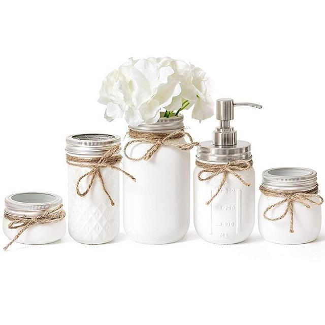 Mkono Mason Jar Bathroom Accessories Set Painted MasonJars Bathroom Organizer Include Liquid Soap Dispenser, Cotton Swab,Tissue,Toothbrush Holder,Rustic Country Countertop Fall Decor 5 Piece, White