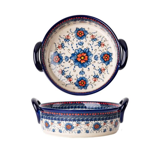 Bicuzat Blue and Orange Flower Vintage Style Ceramic Bakeware Casserole Lasagna Pans Baking Dish with Handles for Oven/Cooking/Kitchen-1 PCS-32 OZ