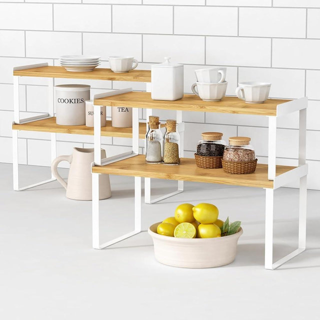 Goozii Large Kitchen Cabinet Organizer Shelf Set of 4, White Stackable Countertop Organizer for Kitchen Counter, Organizers and Storage Rack for Spices Plate (Bamboo Wood)