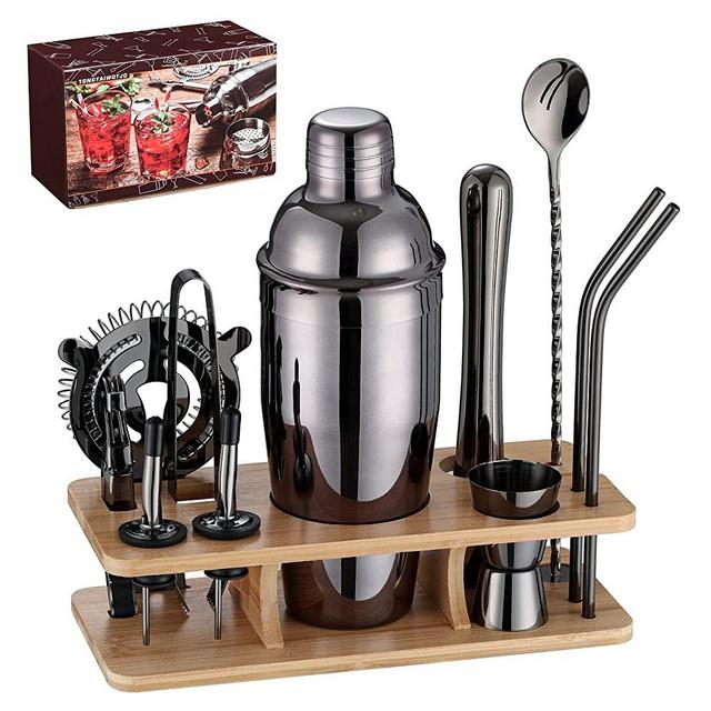 15 Piece Bar Set Cocktail Shaker Set,Bartender kit with Stand,Black Bar Kit for Drink Mixing,Bar Tools: Martini Shaker, Jigger, Strainer, Bar Spoon, Tongs, Opener