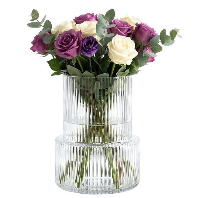 Ribbed Glass Vase,Double-Layered Clear Flower Vase, Modern Decorative Vase for Home Decor,Living Room, Dining Table, Entryway,Office, Wedding Centerpieces, Ideal for Pampas Grass & Hydrangeas