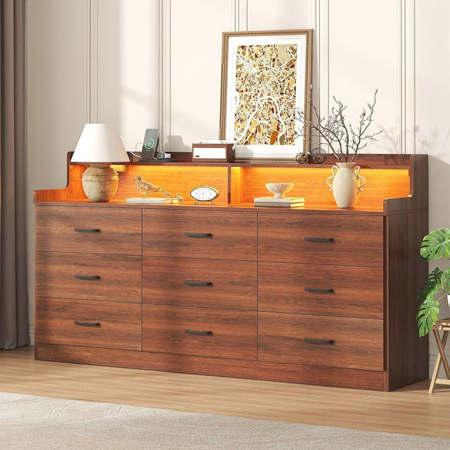 Bigbiglife 9 Drawer Dresser with Built in Power Outlet and LED Light, Modern Chest of Drawers for Bedroom, Triple Wide Drawer Organizer Cabinet for Living Room, Entryway, Hallway, Walnut Brown