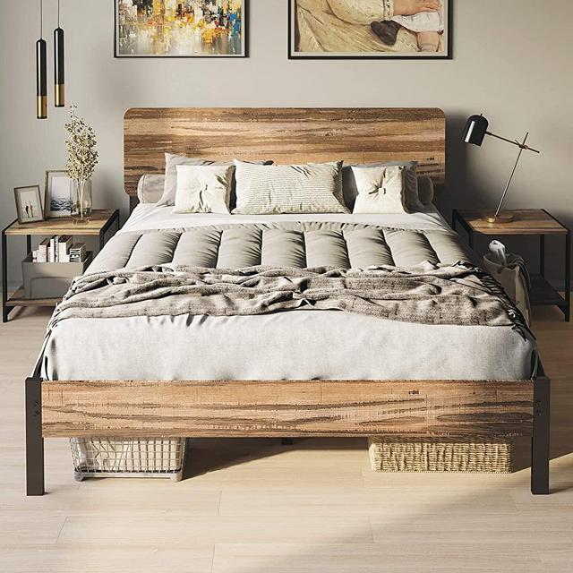 LIKIMIO Queen Bed Frame, Platform Bed with Headboard and Strong Steel Slat Support/ No Box Spring Needed / Easy Assembly / Rustic Brown