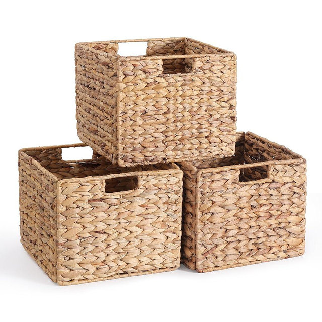 12X12X10in Water Hyacinth Storage Baskets, Wicker Storage Cubes Set of 3, Kitchen Baskets for Pantry Organization, Foldable Square Baskets for Shelves