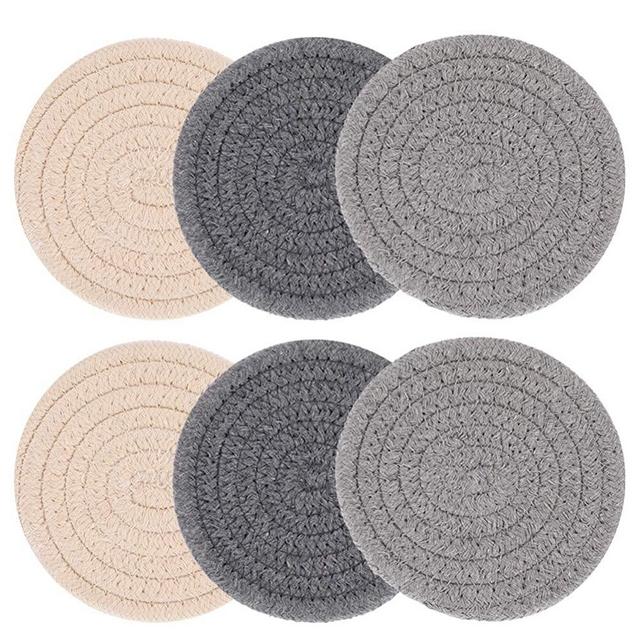 Auxsoul 6 Packs Coasters for Drinks(4.5 Inch), Handmade Braided Cup Coasters Cotton Round Woven Coasters, Super Absorbent Heat-Resistant Coasters for Drinks, Perfect Housewarming Gift