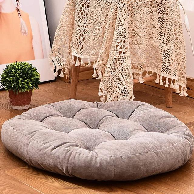 HIGOGOGO Round Solid Color Floor Pillow, Tufted Meditation Pillow for Seating on Floor Thick Seat Cushion Meditation Cushion for Yoga Living Room Sofa Balcony Outdoor, Grey, 22x22 Inch