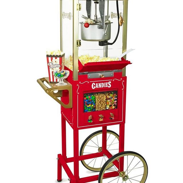 Nostalgia Vintage 8 Ounce Professional Popcorn Cart Makes Up to 32 Cups, Three Storage Candy & Kernel Dispenser Also for Nuts, Chocolate, Measuring Spoons and Scoop Included, Red