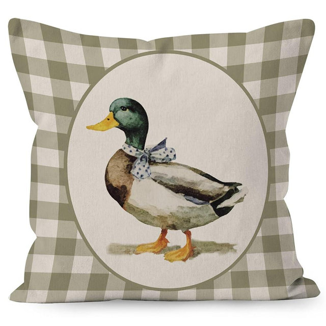 Liosei Coquette Bow Mallard Duck Decorative Throw Pillow Cover, Mallard Duck Nursery Decor, Sage Green Plaid Farm Animal Pillow Covers for Home Kids Nursery Room Bed Sofa Decor, 18x18 Inch