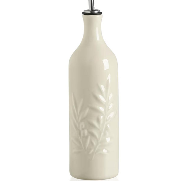 Sweejar Large Ceramic Olive Oil Dispenser Bottle, 24 Oz Relief Opaque Oil Cruet Protects Oil To Reduce Oxidation, Storage Vinegar, Soy Sauce, Coffee Syrup, Liquids, Set of 1 (Beige)