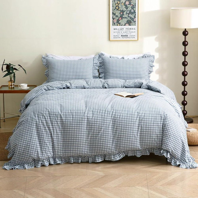 Silnuo Light Blue/White Plaid Ruffle Duvet Cover King Size,100% Washed Cotton 3 Pieces Shabby Checkered Chic Gingham Bedding Set Comforter Cover Set