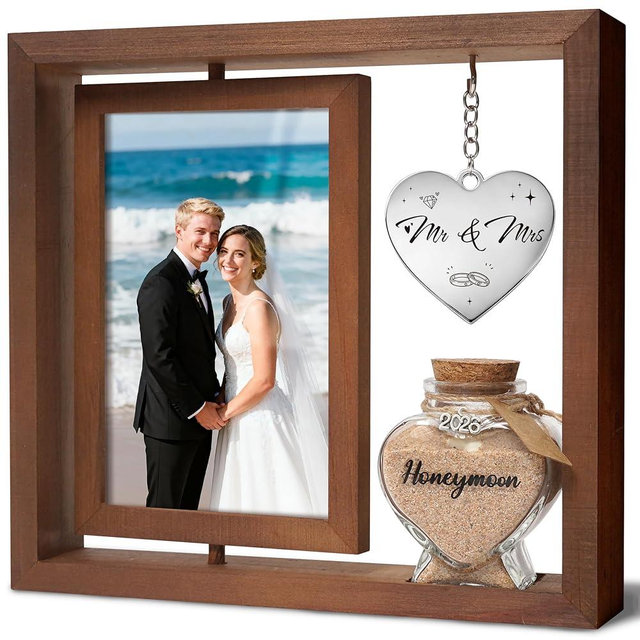 Wedding Gifts for Couples – 360° Rotating Double-Sided Picture Frame with Honeymoon Sand Keepsake Jar, Holds Two 4x6 Photos, Ideal for Bridal Shower, Mr & Mrs Engagement and Newlywed Gift Set (Mr & Mrs-Brown)