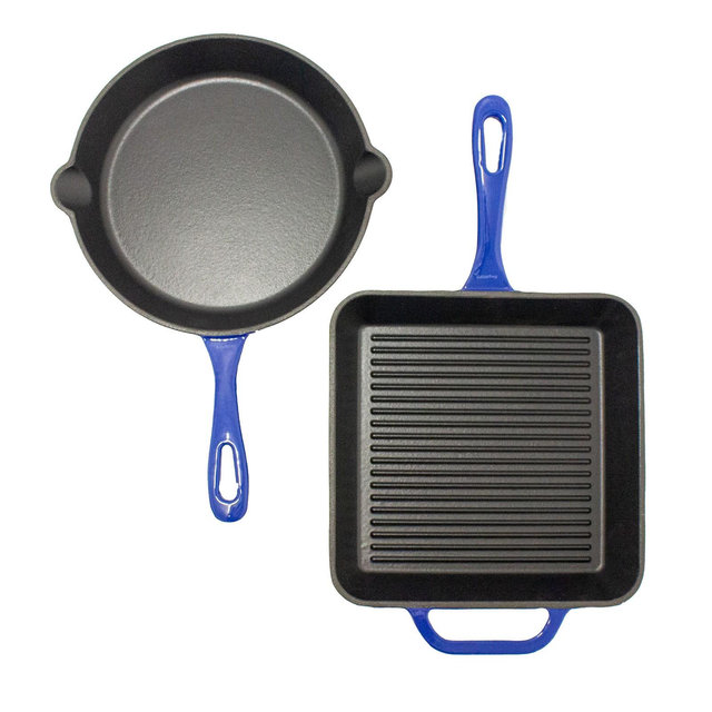 BergHOFF 2Pc Enamel Cast Iron Cookware Set, 10" Fry Pan & Grill Pan, Blue