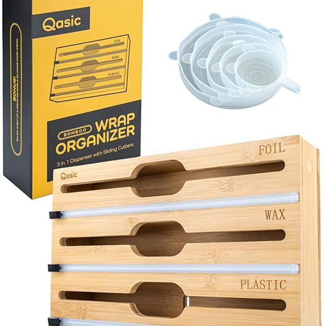 Qasic 3-in-1 Plastic Wrap Dispenser, Organiser with Cutters for Cling Film, Aluminum Foil, and Parchment Wax Paper, Bamboo Holder Storage Box with Laser Engraved Letters - Fits 12" Rolls