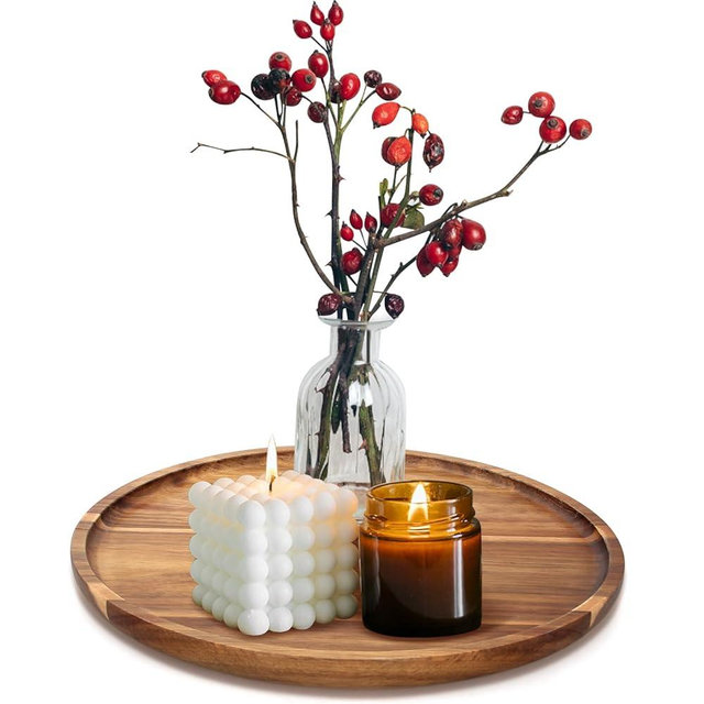 Acacia Round Wood Tray Decorative Serving Trays for Ottoman Coffee Table Candle Holder Tray Kitchen Counter Island Accents Home Decor Circle Circular Wood Centerpiece Trays for Dining Room Table