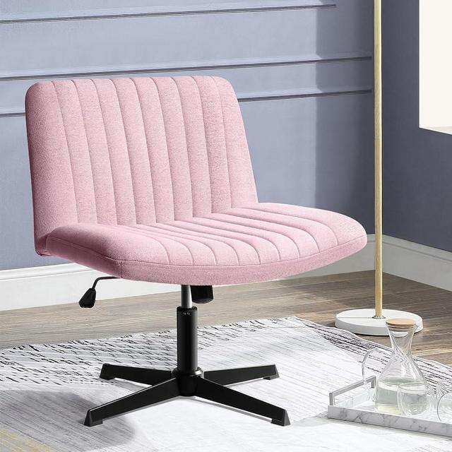 PUKAMI Armless Office Desk Chair No Wheels,Fabric Padded Modern Swivel Vanity Chair,Height Adjustable Wide Seat Computer Task Chair for Home Office,Mid Back Accent Chair (Pink)