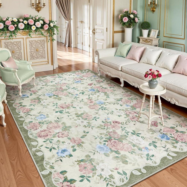 Lahome Floral Washable 5x7 Rug, Boho Area Rug for Bedroom,Vintage Living Room Rugs Non Slip Low Pile Ultra-Thin Large Carpet for Farmhouse,Dining Room,Kids Playroom Nina(5'X7',Cream/Green)
