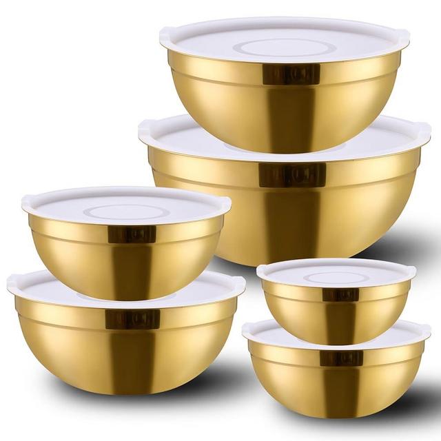 DINYWOW 6 Piece Gold Mixing Bowls Set With Lids for Kitchen - Stainless Steel Ideal for Baking, Prepping, Cooking and Serving Food - Nesting Metal Bowls for Space Saving Storage
