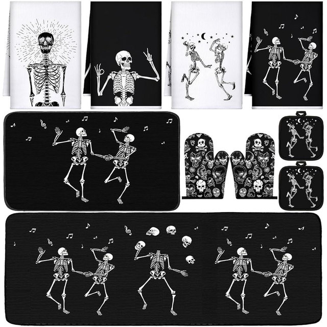 Fourluoo 10 Pcs Halloween Skeleton Farmhouse Kitchen Decor Set Dish Towels Kitchen Rugs Oven Mitts and Pot Holders Set for Cooking Baking Grilling Women Mom Daughter Gift (Spooky Black)