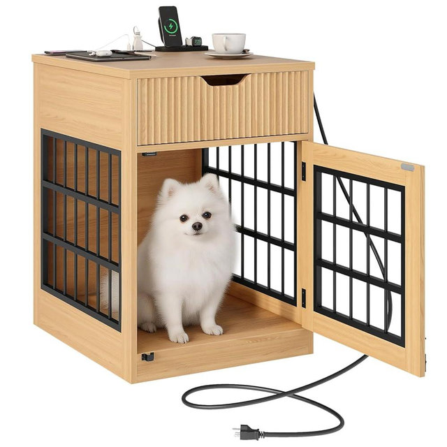Vabches Modern Dog Crate Furniture with Charging Station, Medium Kennel Indoor with Fluted Storage Drawer, for Small Dogs up to 40 lb, Wood Pet End Side Table Cage, Oak