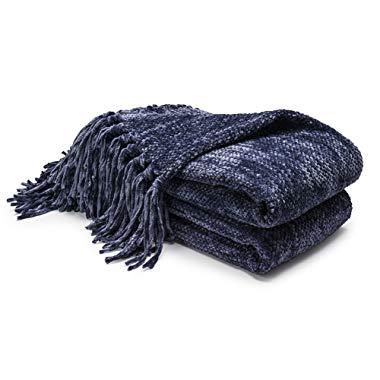 DOZZZ Thick Fluffy Chenille Knitted Throw Blanket with Decorative Fringe and Striped for Couch Cover Sofa Chair Bed Gift Blue