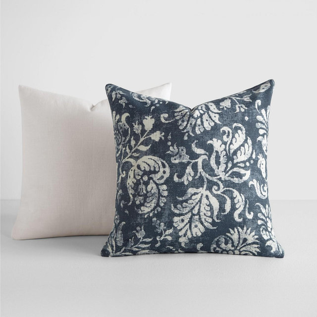 2-Pack Cotton Slub Navy Distressed Floral Throw Pillows and Pillow Inserts Set - Becky Cameron, Distressed Floral Navy, 20 x 20